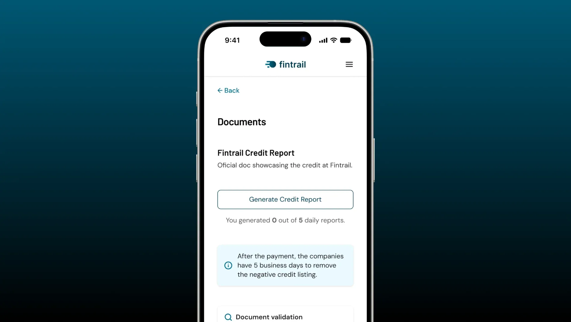 Fintrail / credit report, generated in-portal