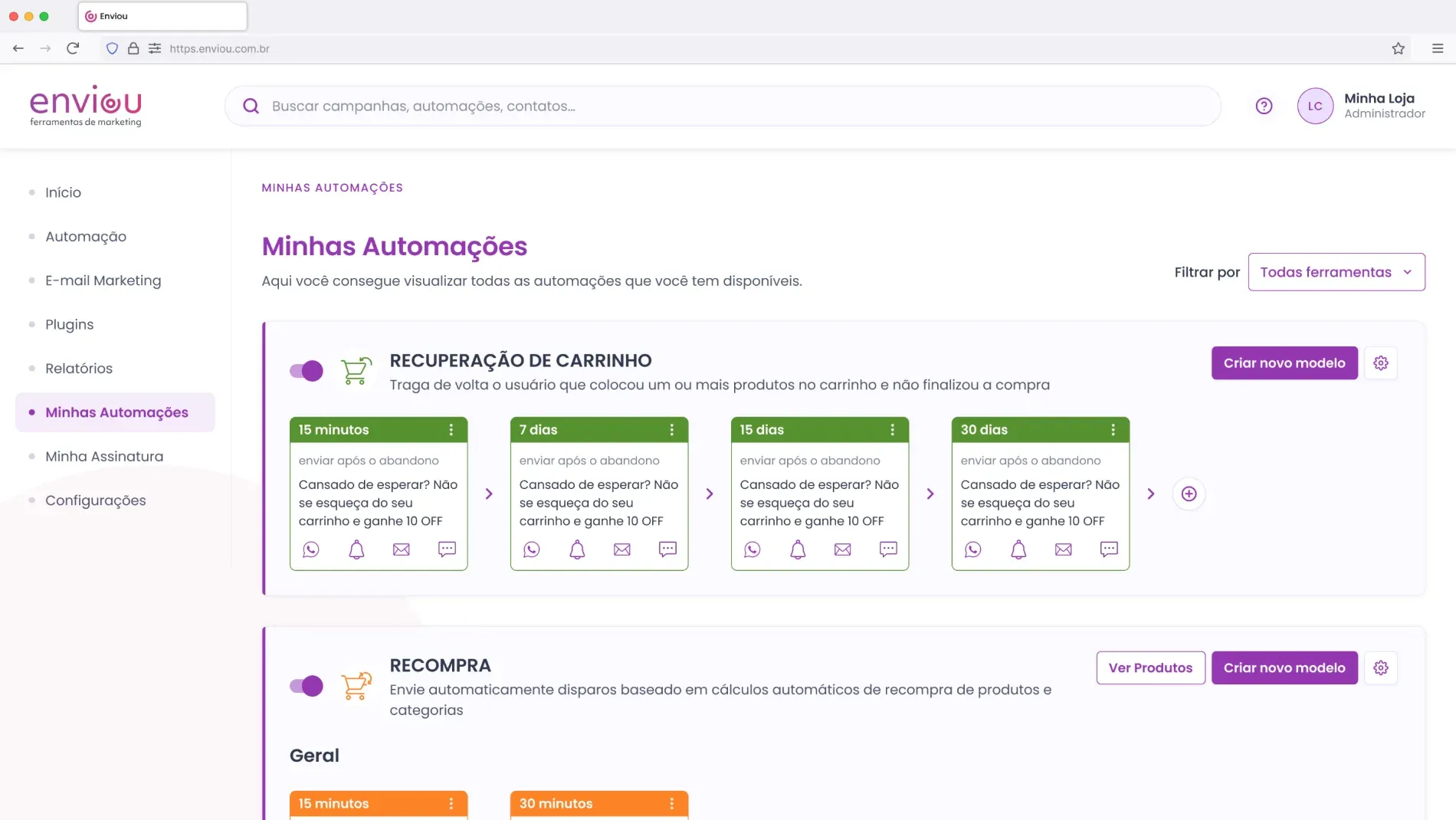Enviou portal: the Minhas Automações screen, showing live channel status per automation
