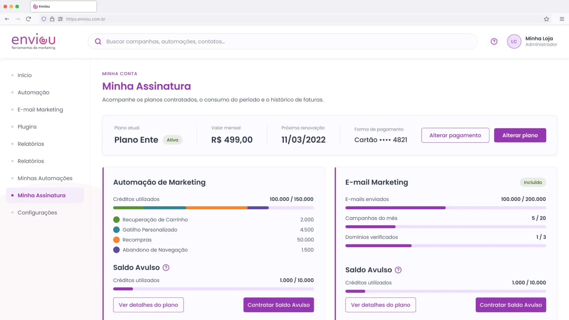 Enviou portal: the Minha Assinatura screen, showing credit usage per product
