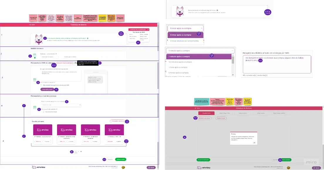 miro board / numbered heuristics over portal screens, colored by team