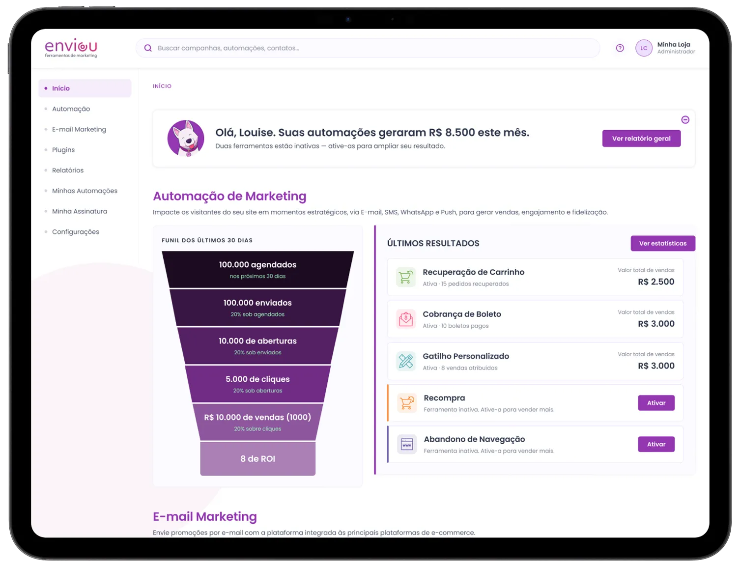 The redesigned Enviou Portal: the automation dashboard after launch
