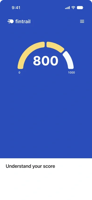 The old Fintrail home screen, logged in: a credit score gauge and nothing else