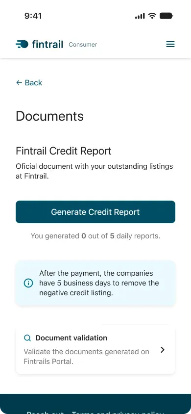 Fintrail mobile UI: documents