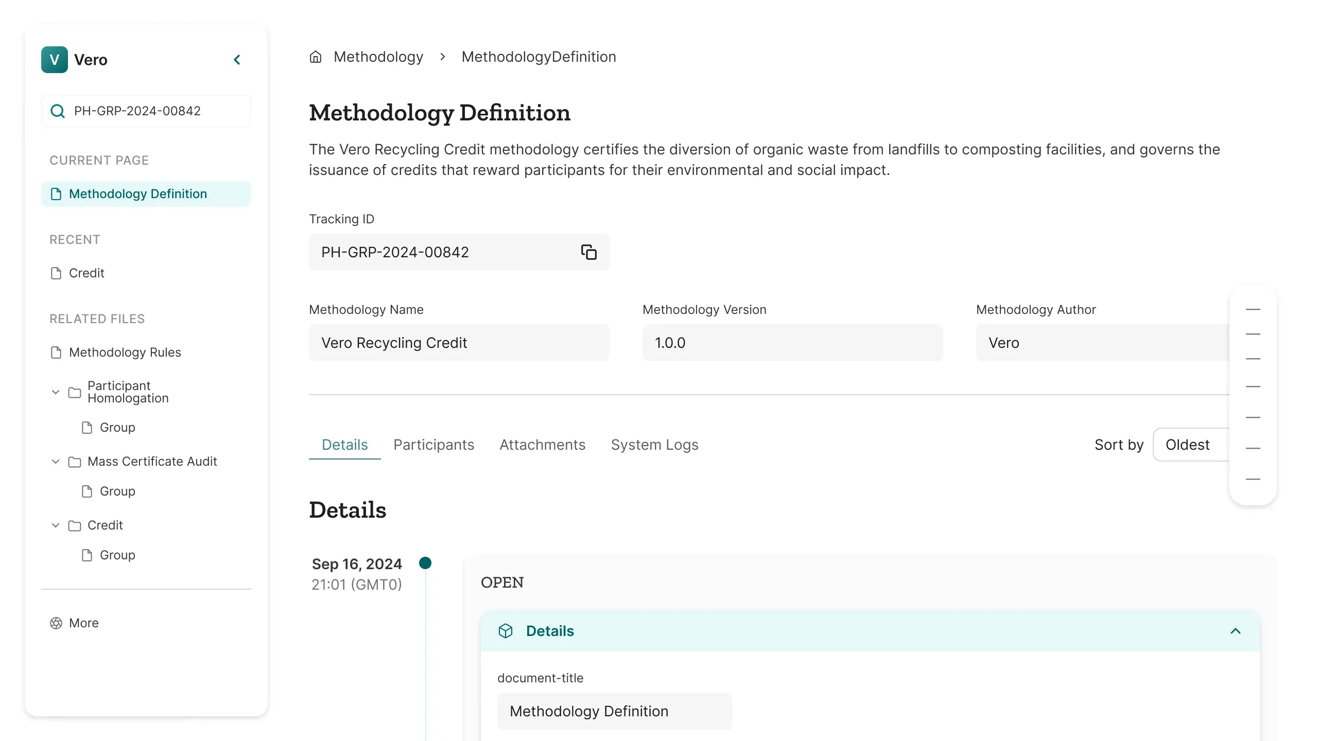 Illustrative Vero screen: folder-style navigation on the Methodology Definition record
