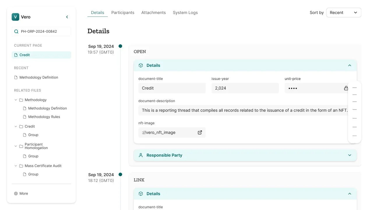 Illustrative Vero screen: a timeline of nested events grouped in soft containers, with tabs
